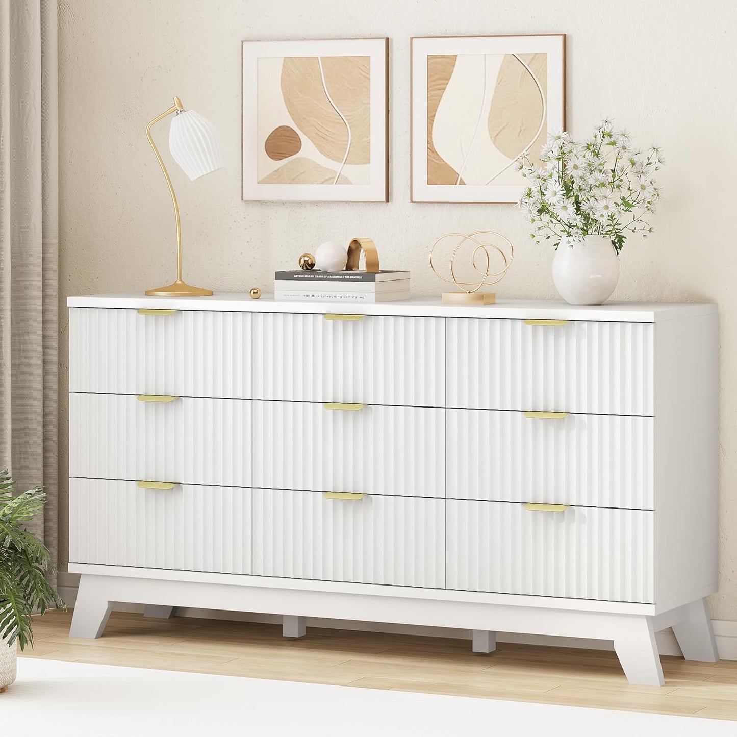 Fluted Dresser for Bedroom with 9 Drawers, 57" Wide Modern Chest of Drawers with Metal Handle