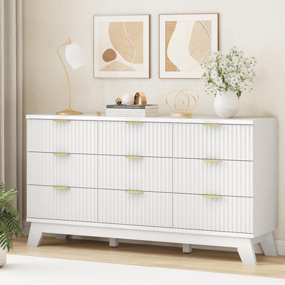 Fluted Dresser for Bedroom with 9 Drawers, 57" Wide Modern Chest of Drawers with Metal Handle