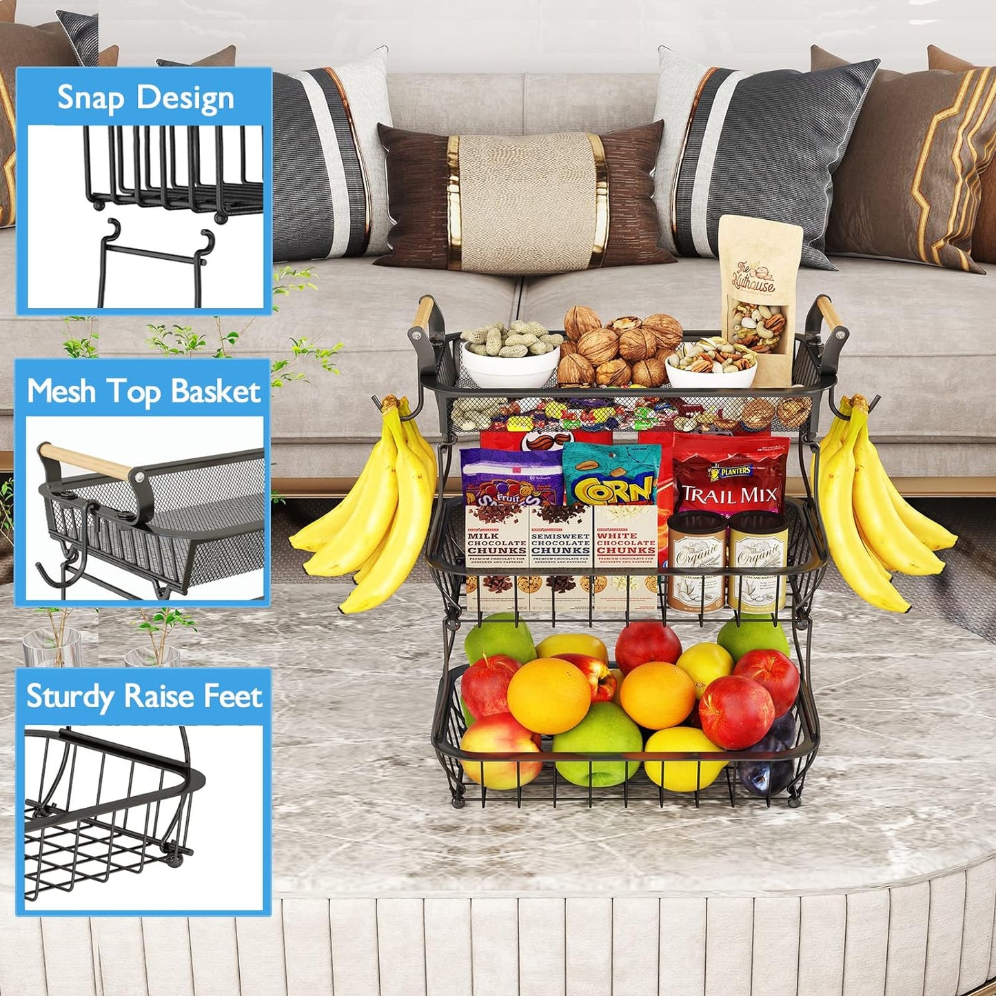 ANTOPY 3 Tier Fruit Basket with 2 Banana Hangers, Countertop Fruit Vegetable Basket Bowl for
