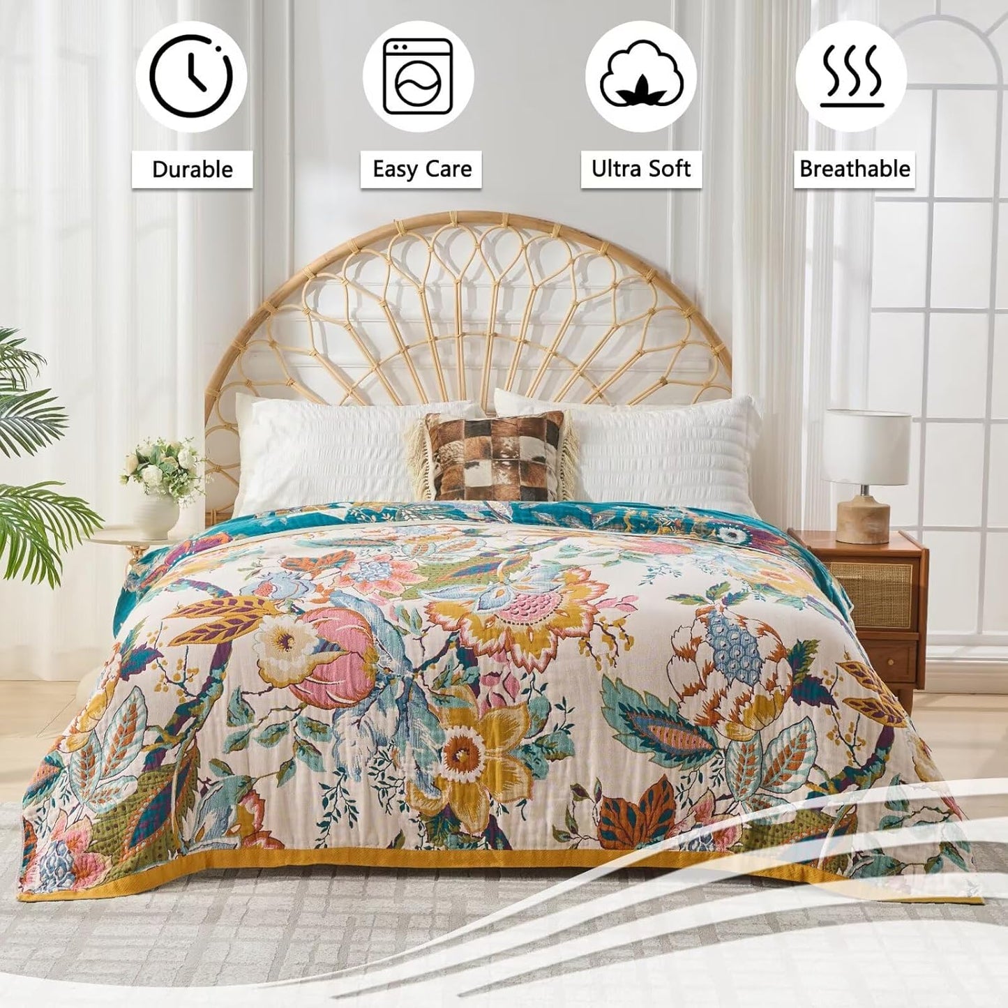 Ultra Soft Lightweight Cotton Quilts,Cozy Summer Boho Throw Blankets,Lightweight Reversible Muslin
