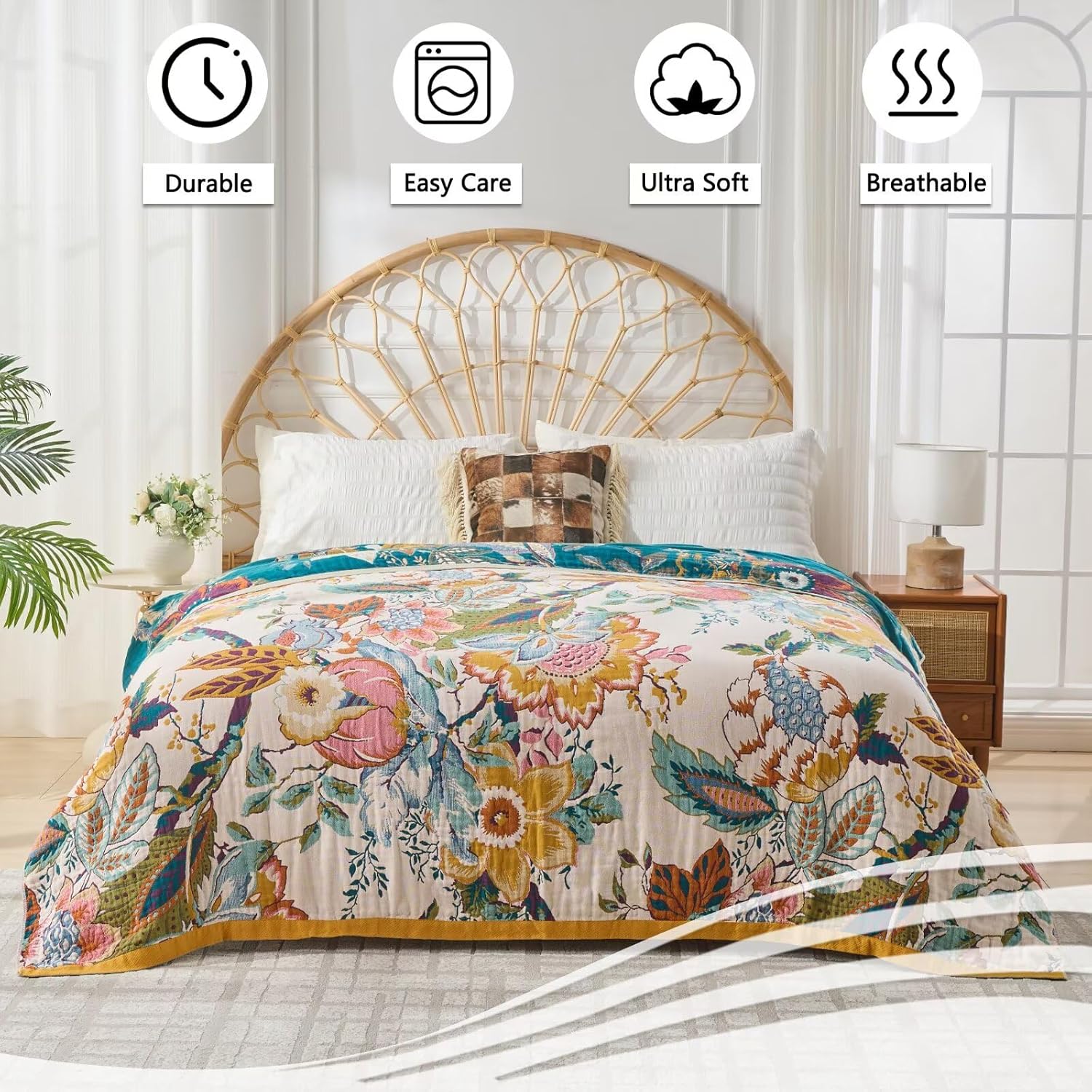 Ultra Soft Lightweight Cotton Quilts,Cozy Summer Boho Throw Blankets,Lightweight Reversible Muslin