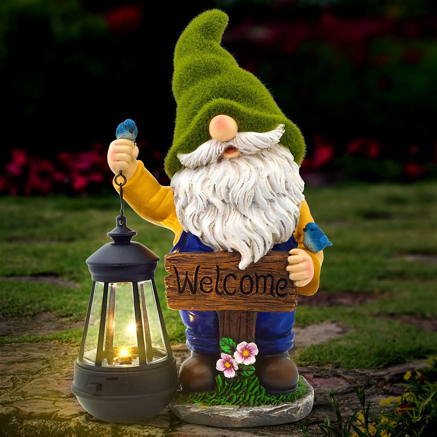 Garden Gnomes Outdoor - Flocked Gnome Statue Holding Lantern with Solar LED Lights | Gnomes Garden