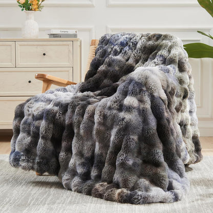 NEWCOSPLAY Faux Fur Throw Blanket Tie-dye Grey Luxury Fluffy Thick Warm Bubble Blanket for Couch