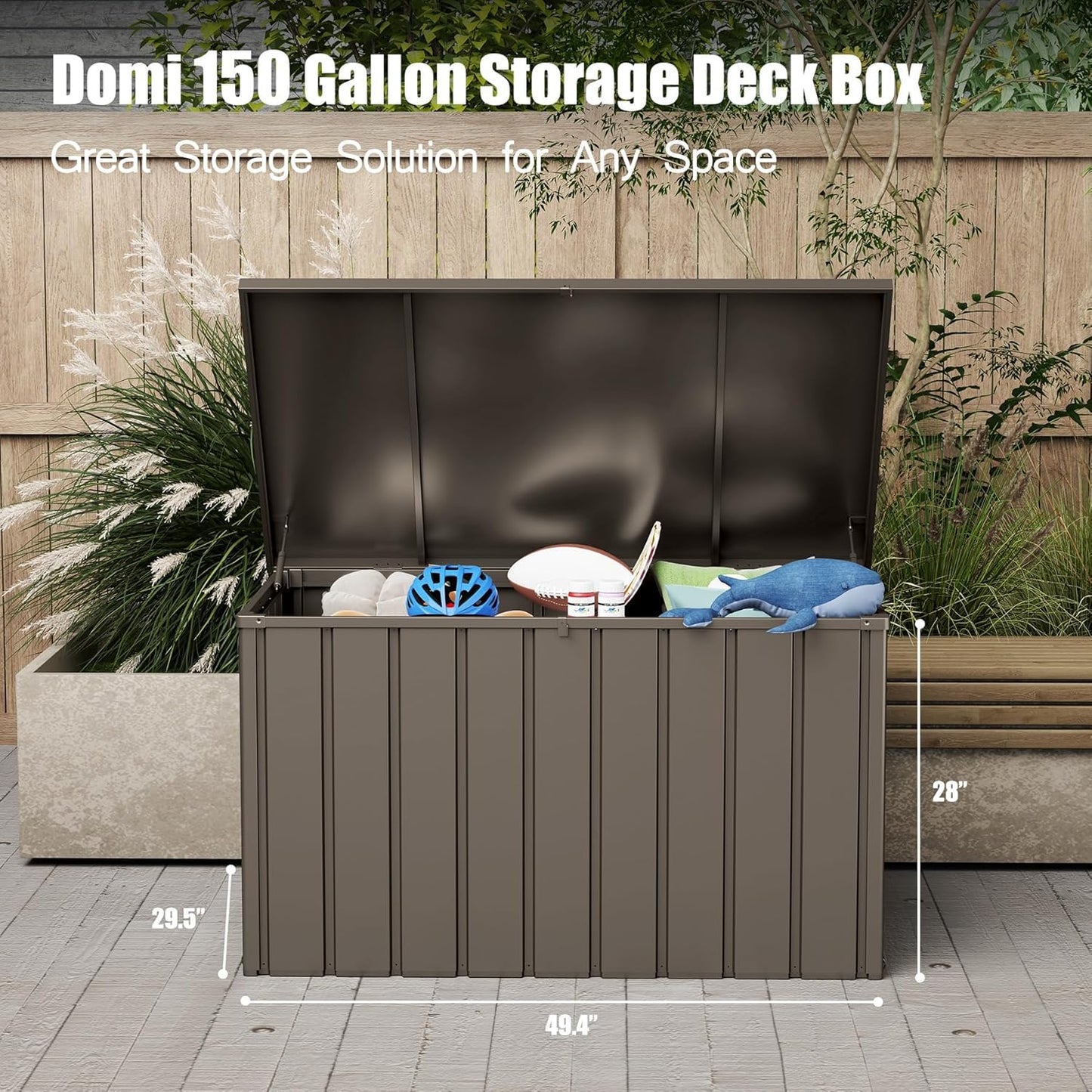 Domi Deck Box 150 Gallon, Waterproof Lockable Steel Outdoor Storage Container for Outside Cushions