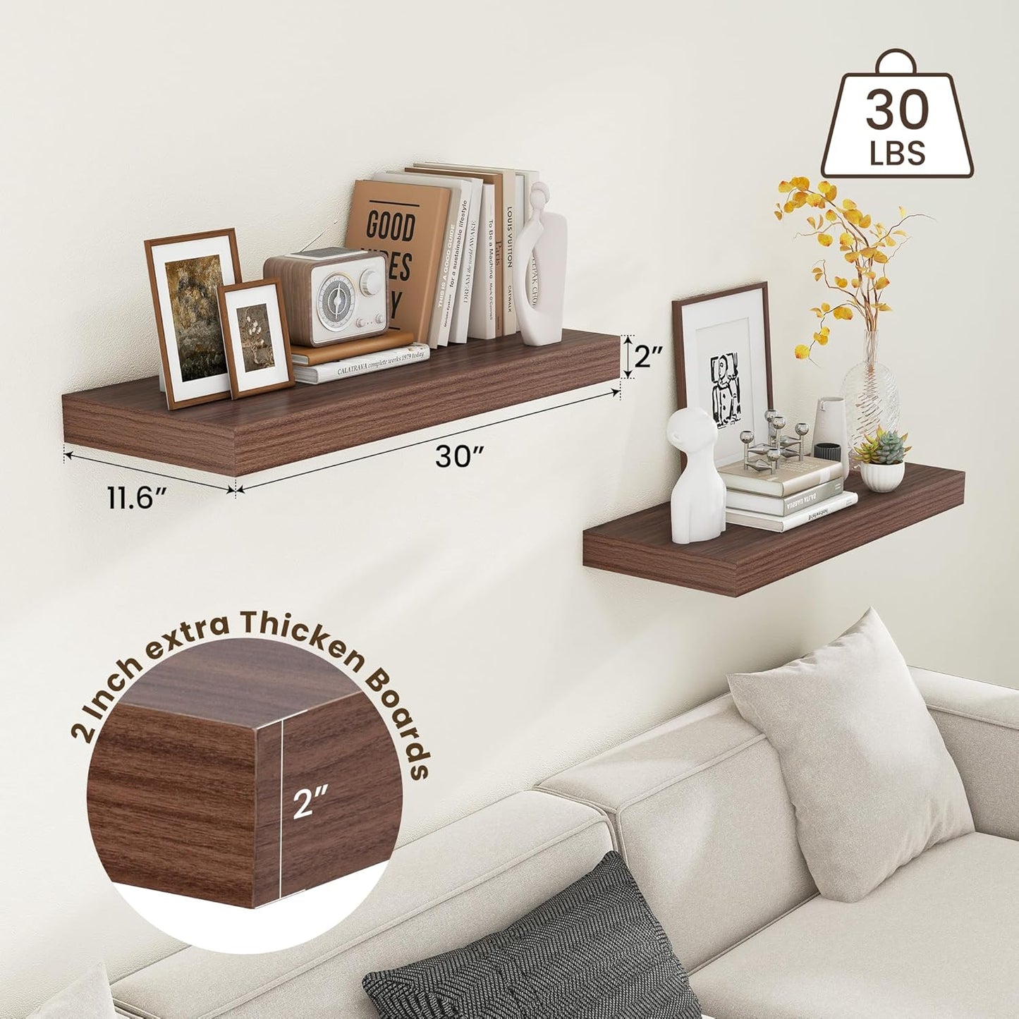 Deep Floating Shelves for Wall | 12 Inch Deep Floating Shelves 30 Inches Long Set of 2 | Rustic