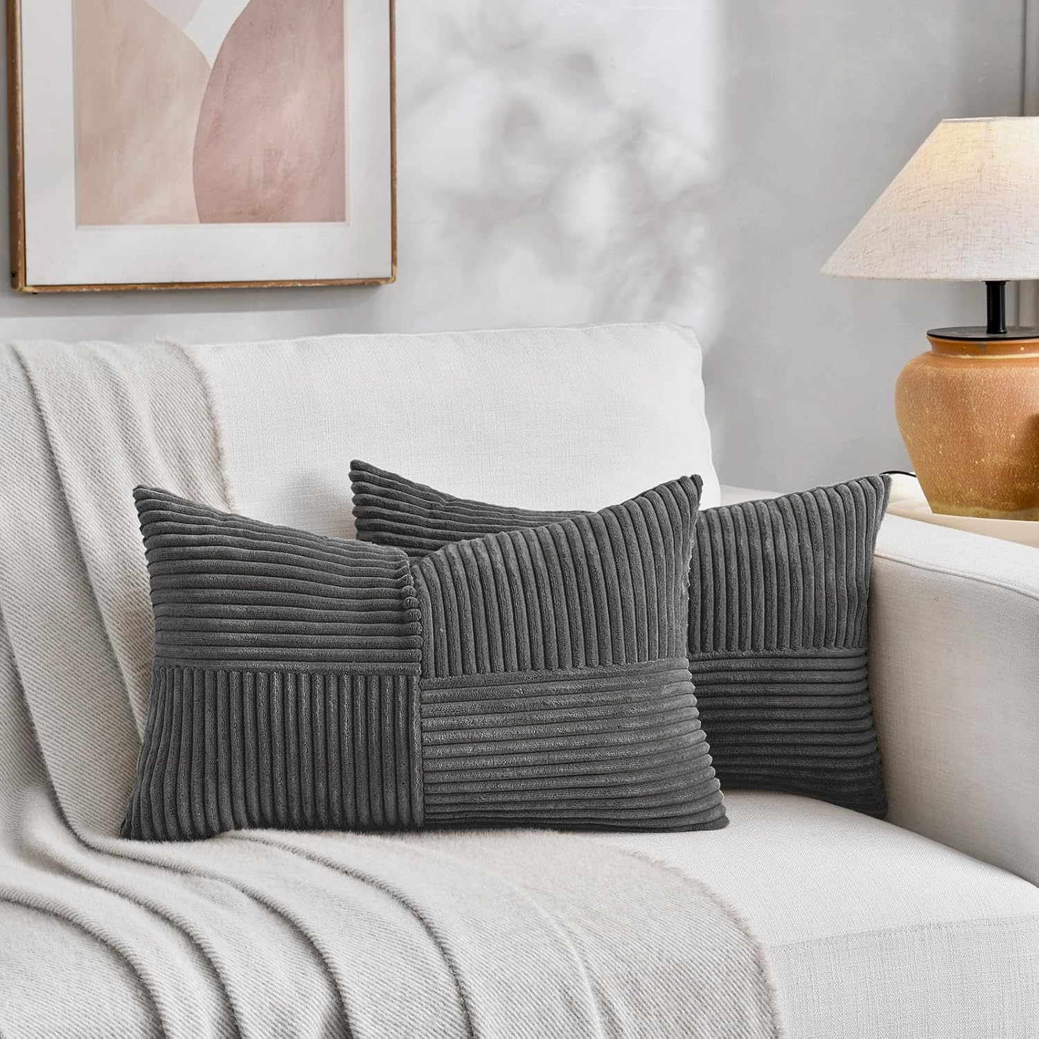 Fancy Homi 2 Packs Dark Gray Long Lumbar Decorative Throw Pillow Covers 16x24 Inch for Couch Bed