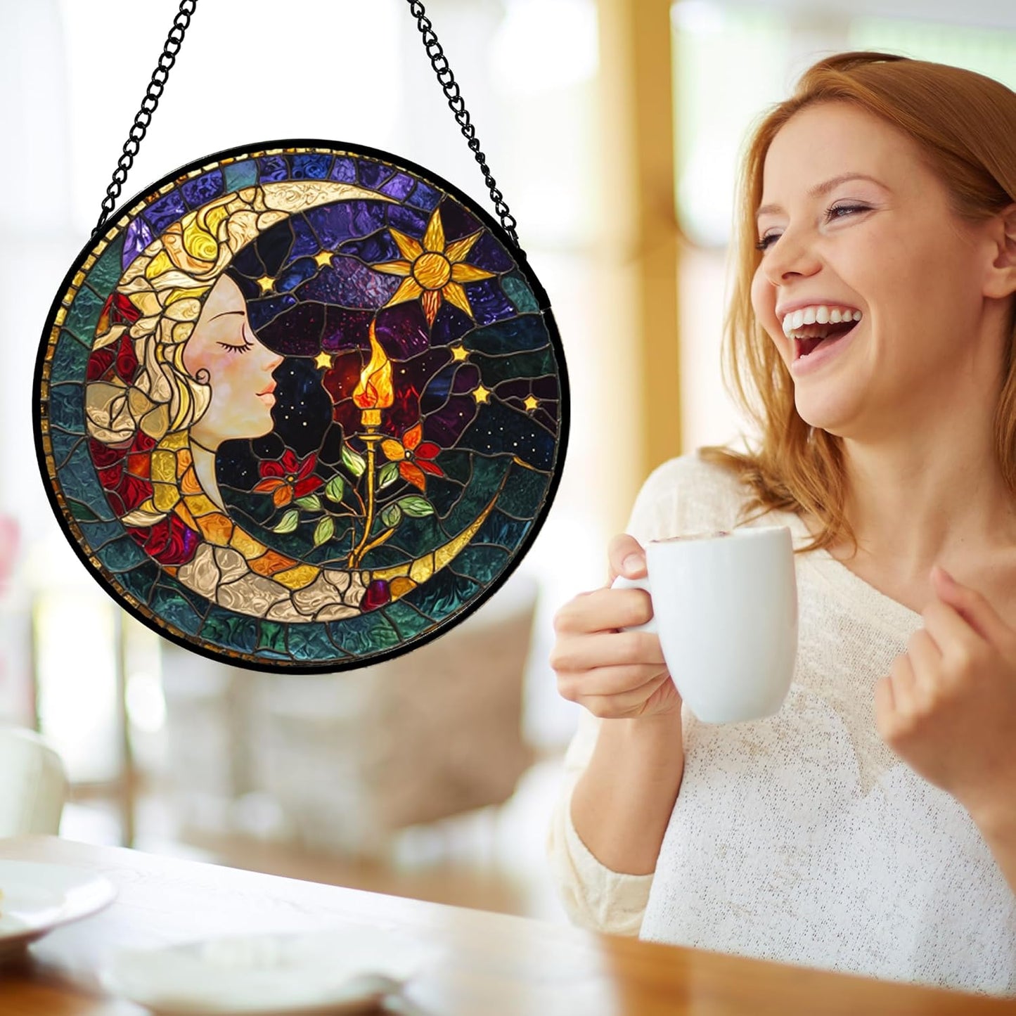 Stained Glass Window Hanging, Moon Goddess Torch Suncatcher Diamond Glass Panel Hangings Dream Sun
