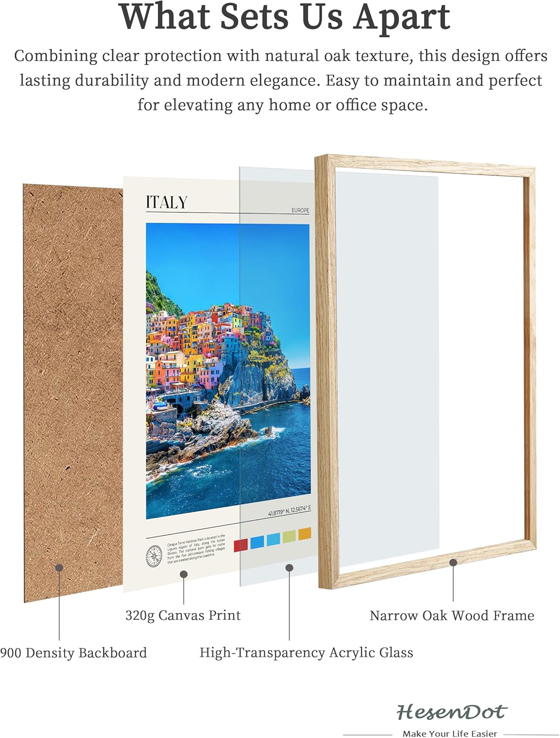 HesenDot Natural OAK Wood Framed Cinque Terre National Park Wall Art,12x16in Italian Natural