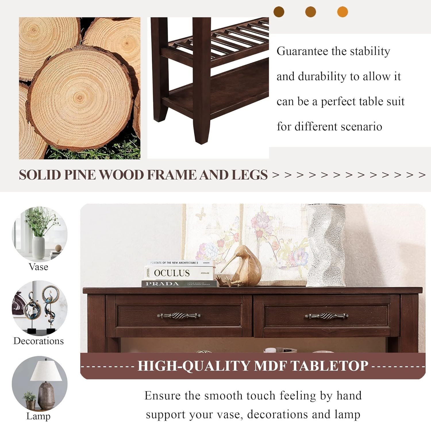 Solid Wood Console Table Sofa Tables with Drawers and Shelves Small Entryway Table for Living