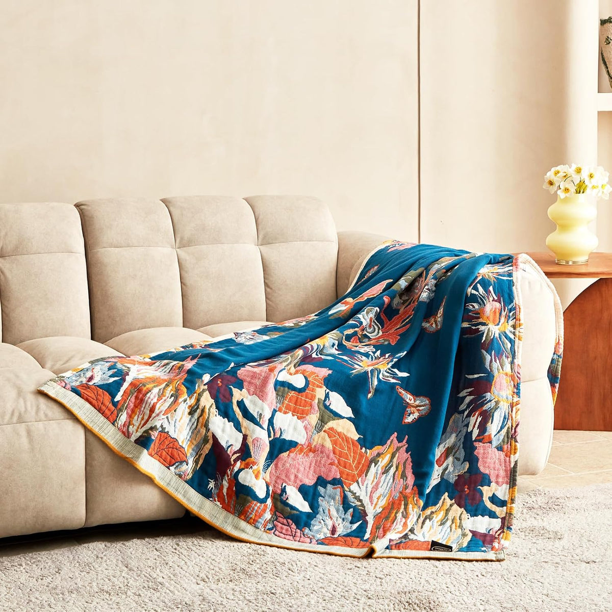 MSGKV Boho Throw Blanket for Couch and Sofa Cotton Cover for Living Room Floral Throw Cozy Blankets