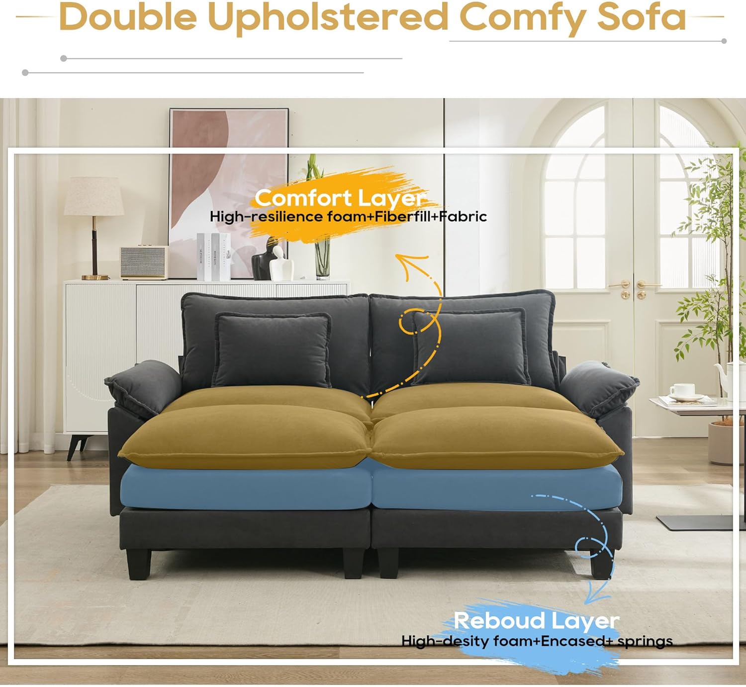 URRED Modular Sectional Sofa Comfy Cloud Couch, Modern Velvet Sofa Sleeper Deep Seat Couches with