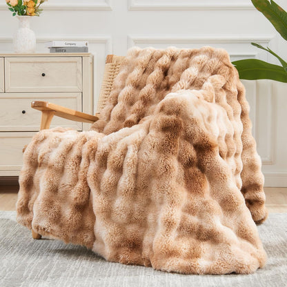 NEWCOSPLAY Faux Fur Throw Blanket Tie-dye Beige Luxury Fluffy Thick Warm Bubble Blanket for Couch