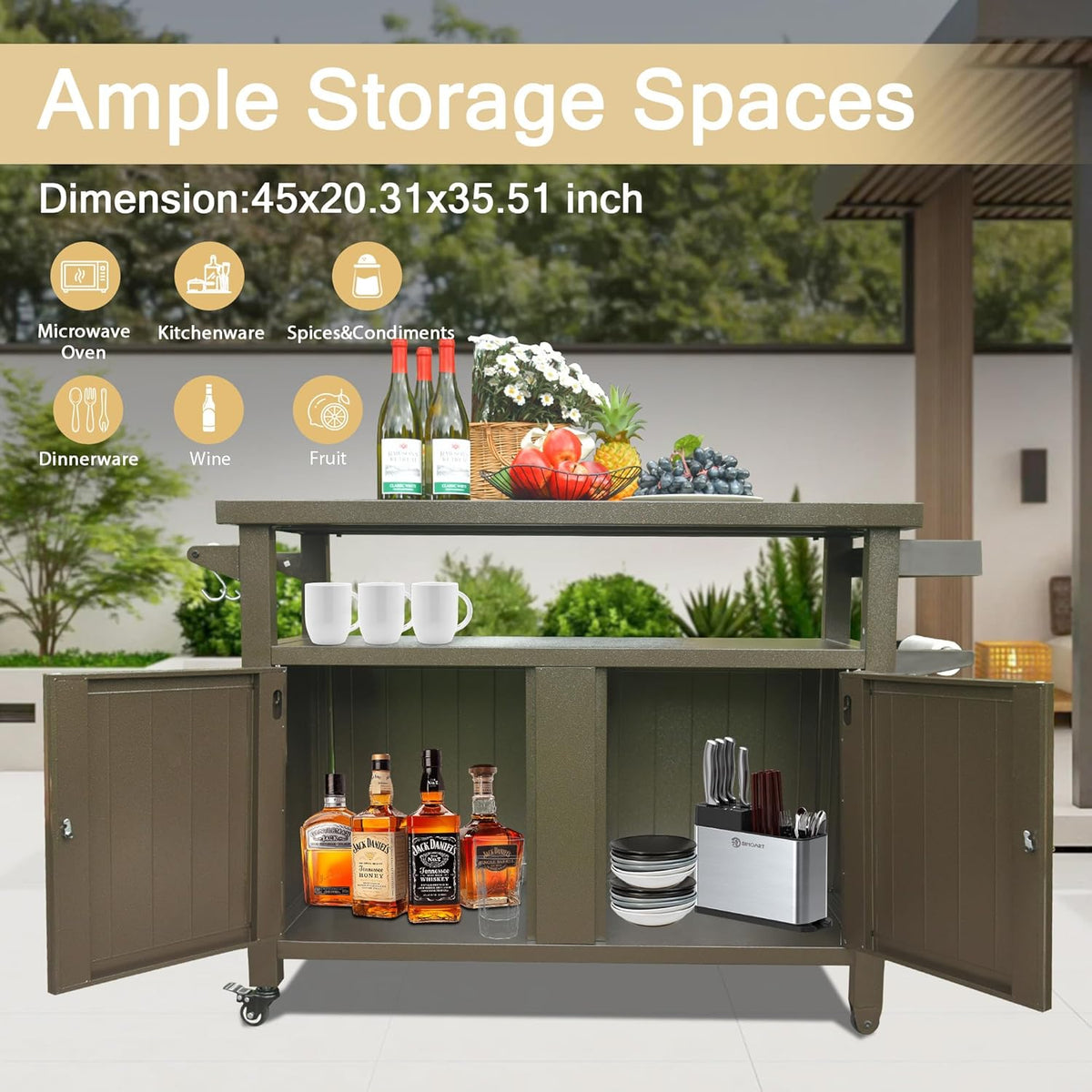 Domi Grill Carts Outdoor Storage Cabinet with Wheels, Metal Outdoor Grill Kitchen Table Dining