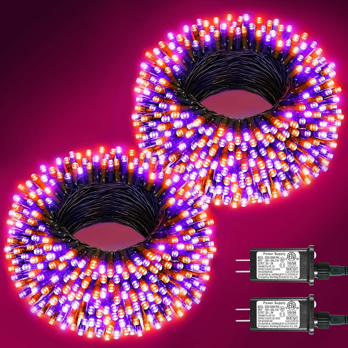 2 Pack Halloween Lights Outdoor, Total 200FT 600 LED Purple Orange String Lights for Outside with 8