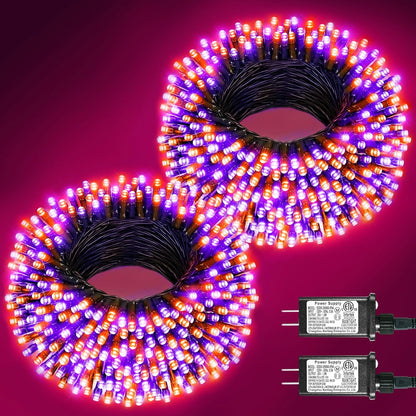 2 Pack Halloween Lights Outdoor, Total 200FT 600 LED Purple Orange String Lights for Outside with 8