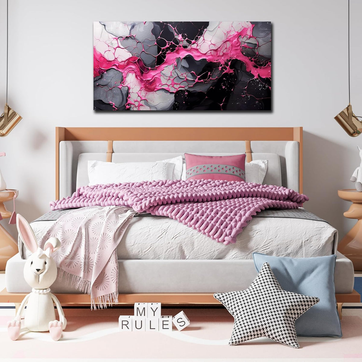 GUGIKA Abstract Wall Art for Living Room, Pink Canvas Wall Decor for Girls Bedroom Decor, Pigment