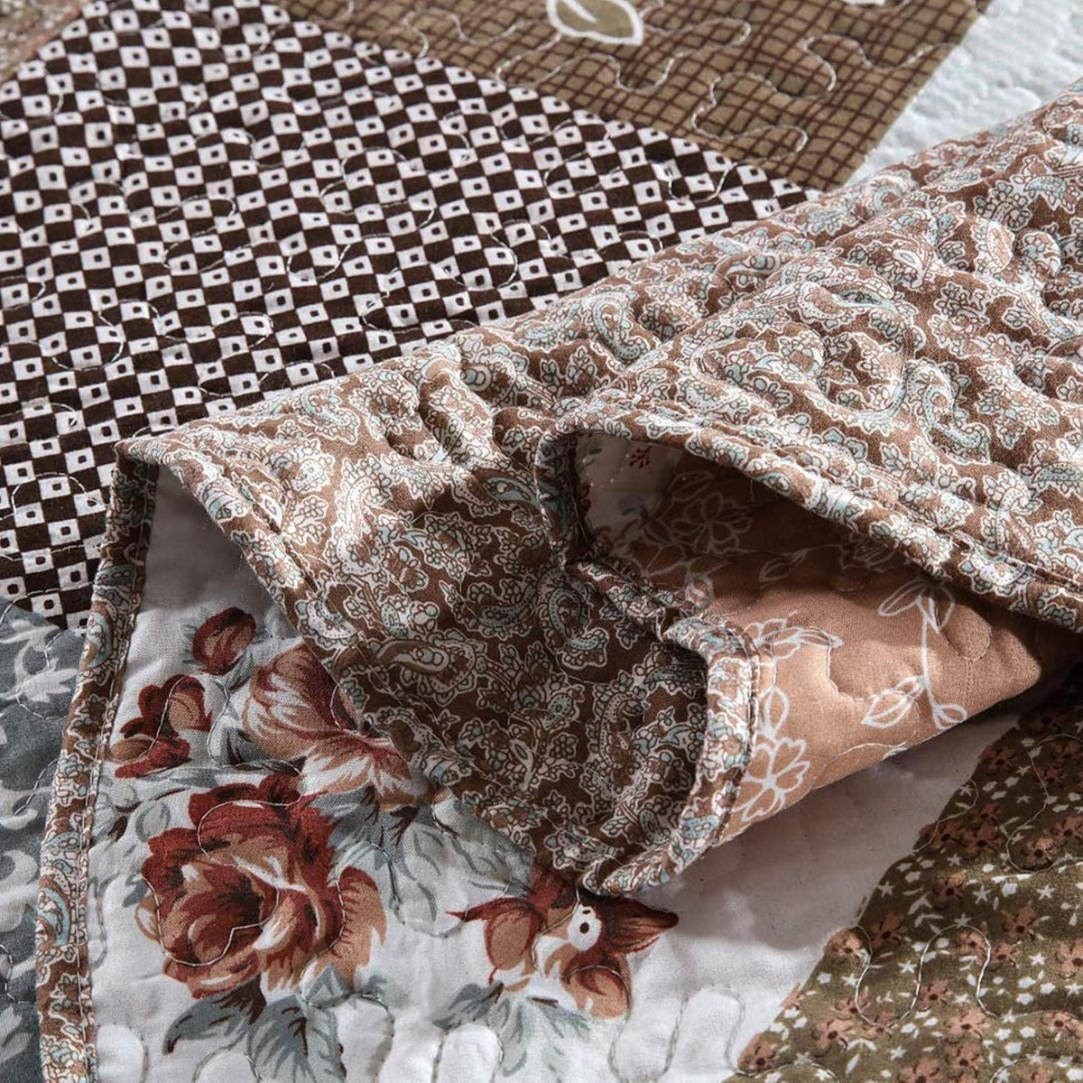 NEWLAKE Quilt Bedspread Sets-Checkered Floral Reversible Coverlet Set,King Size