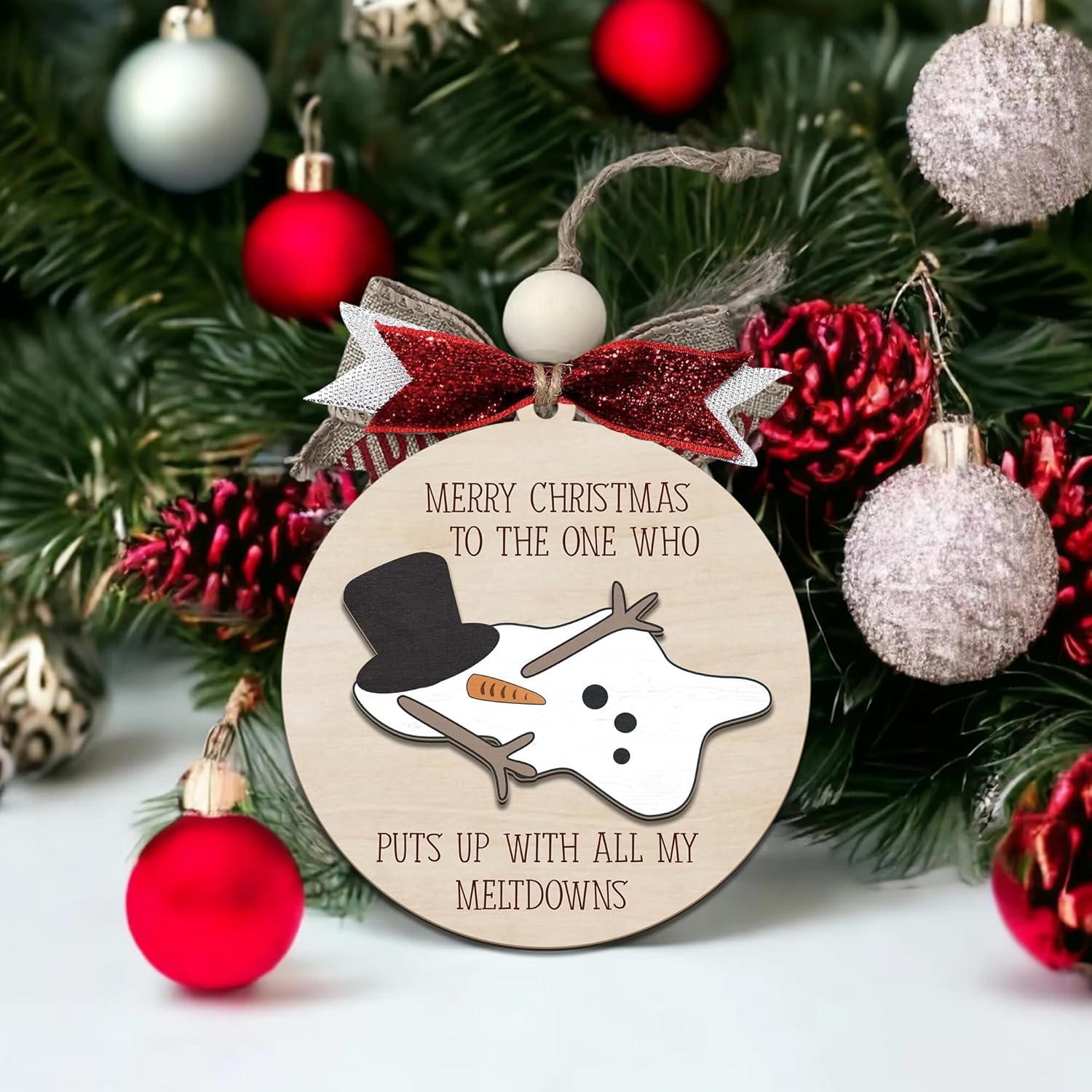 Funny Christmas Ornament – Snowman Meltdown Quote Wooden Round Tree Decoration, Hilarious Gift for