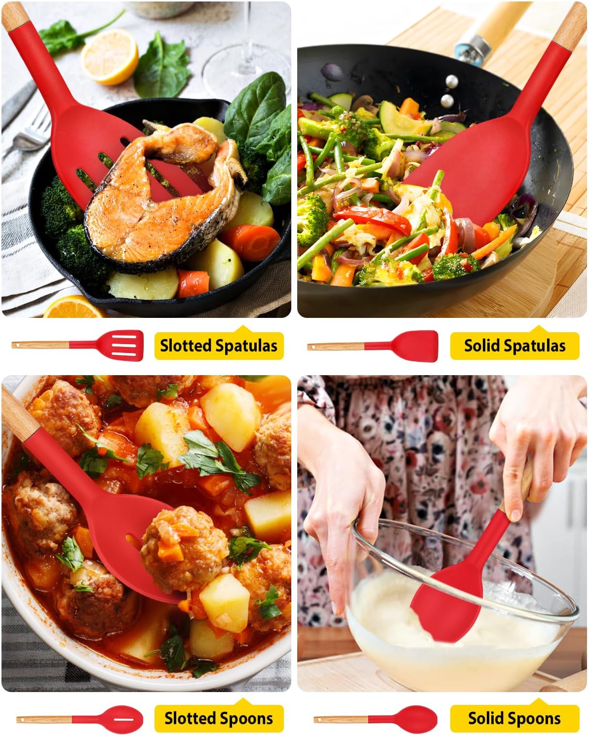 Pack of 4 Silicone Cooking Utensils Set, Non Stick Solid Spatulas and Heat Resistant Slotted Spoons