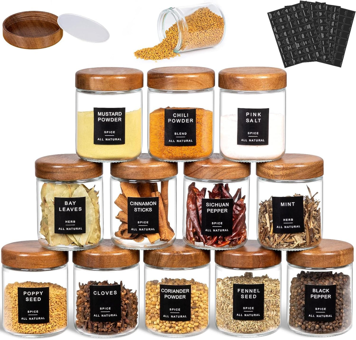Yangbaga 12Pcs Glass Spice Jars with Labels-8oz Acacia Wood Lid Square Spice Containers,Seasoning