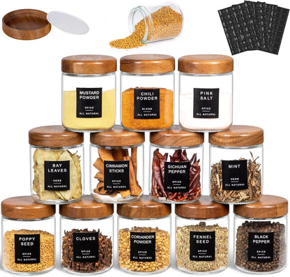 Yangbaga 12Pcs Glass Spice Jars with Labels-8oz Acacia Wood Lid Square Spice Containers,Seasoning