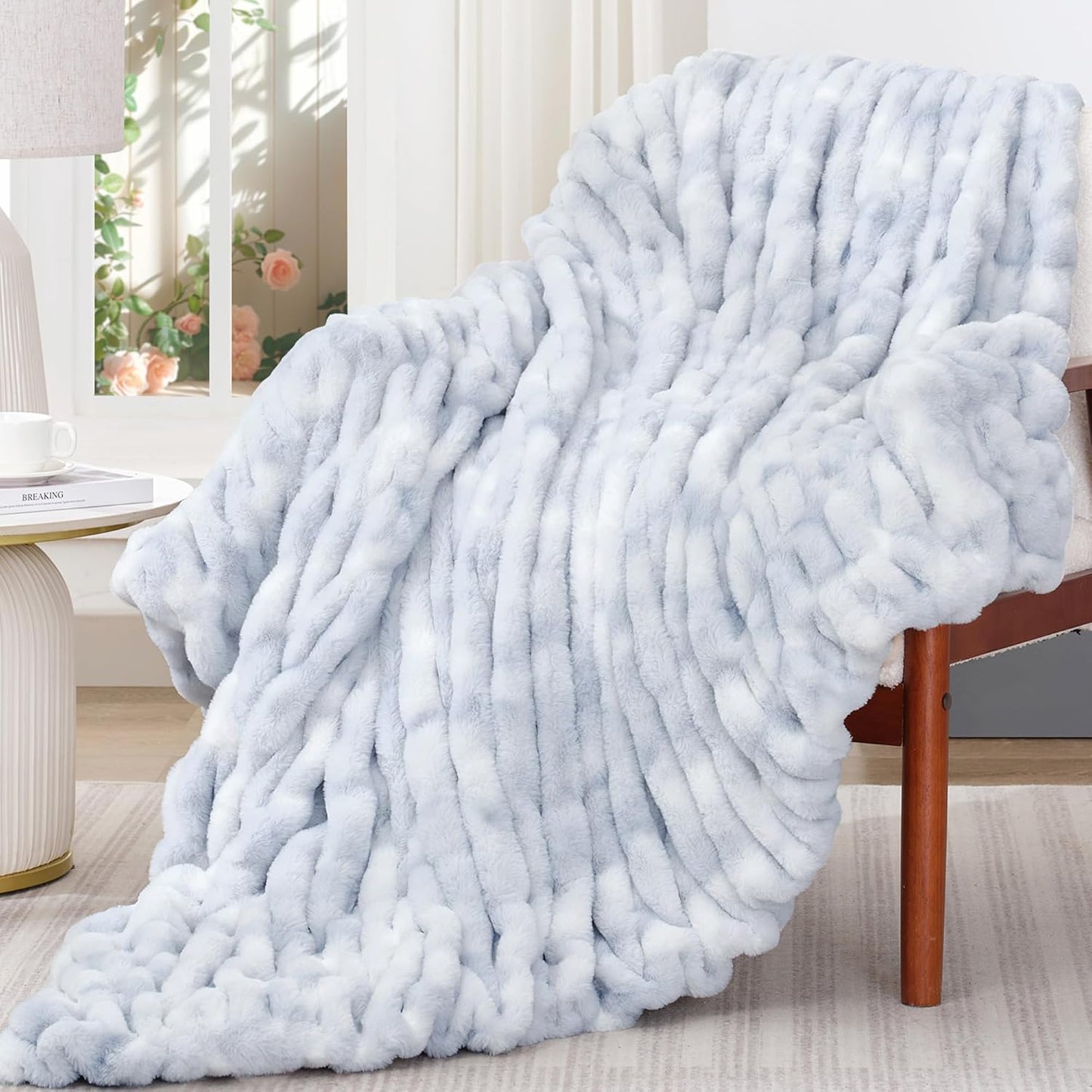 Touchat Ruched Faux Rabbit Fur Throw Blanket, 700 GSM Luxury Dual-Sided Soft Cozy Blanket, Fuzzy