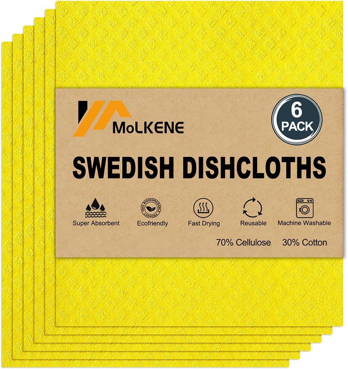 Swedish Dishcloths for Kitchen | 6 Pack Absorbent Cellulose Sponge Cloths Washable | Non-Scratch