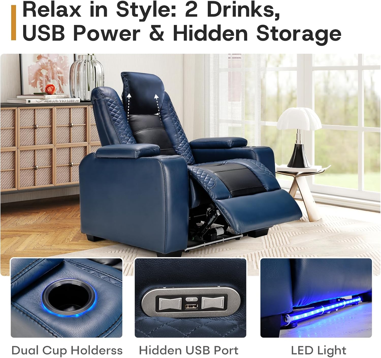 ANJ Power Home Theater Seating Set of 2, Blue Faux Leather Electric Recliner Chair with Powered