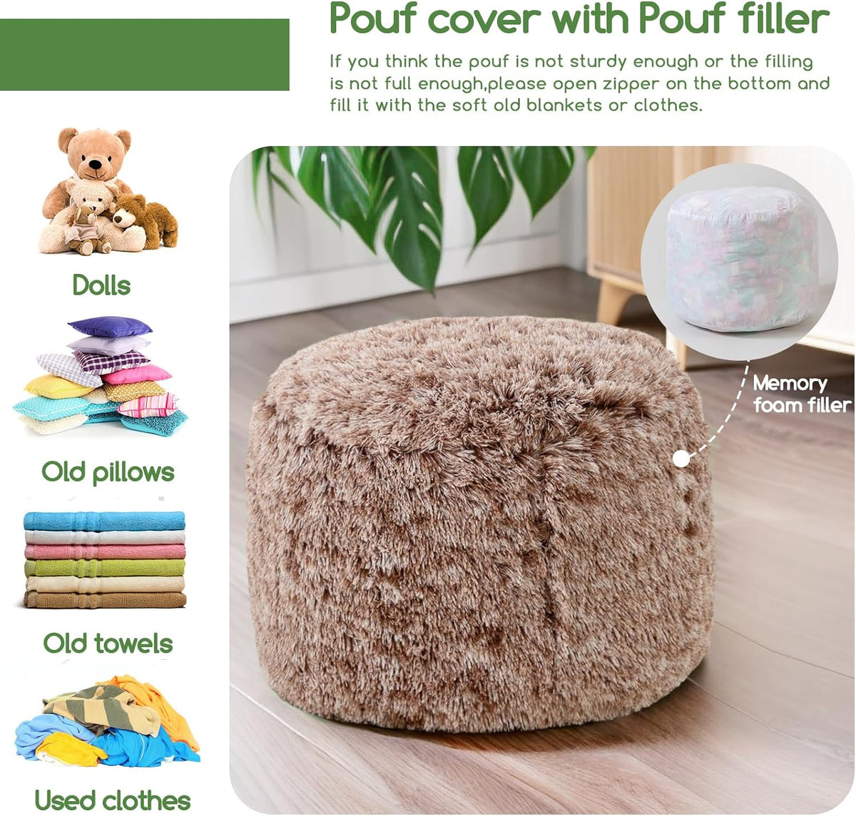 HIGOGOGO Round Stuffed Pouf Ottoman, Long Faux Fur Poufs with Foam Chunk Filling, Fluffy and Furry