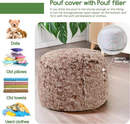 HIGOGOGO Round Stuffed Pouf Ottoman, Long Faux Fur Poufs with Foam Chunk Filling, Fluffy and Furry