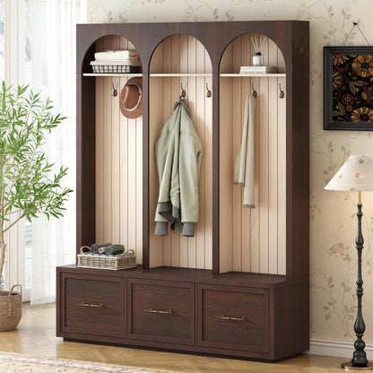 Merax Farmhouse Wood Hall Tree with Shoe Bench and 3 Drawers, 4-in-1 Coat Rack with 8 Hooks for