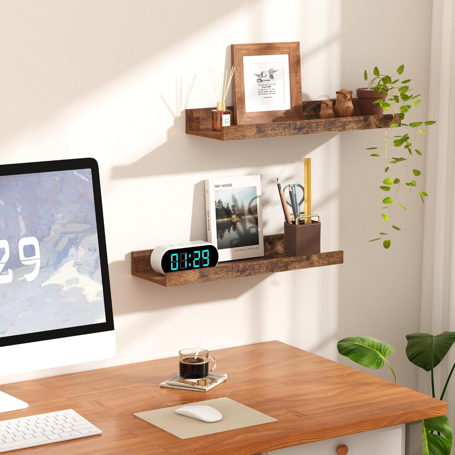 upsimples Floating Shelves for Wall, Wall Shelves for Decor Storage Set of 6, Wall Mounted Wood