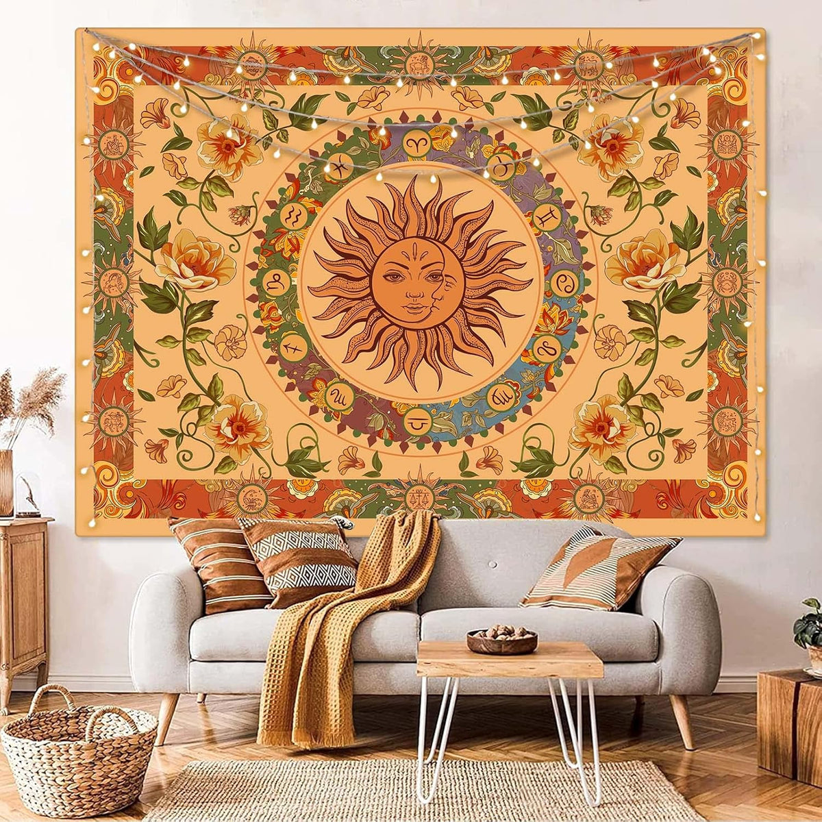 Aipon Yellow Sun and Moon Tapestry Hippie Indie Tapestries Boho Orange Flower Floral Tapestry Wall