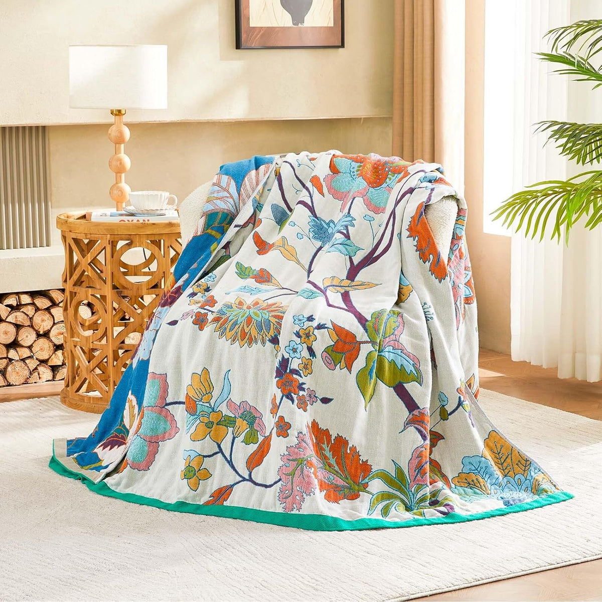 Summer Throw Blanket, 90"x98" Reversible Bohemian Flower Blanket, 100% Cotton Muslin Breathable