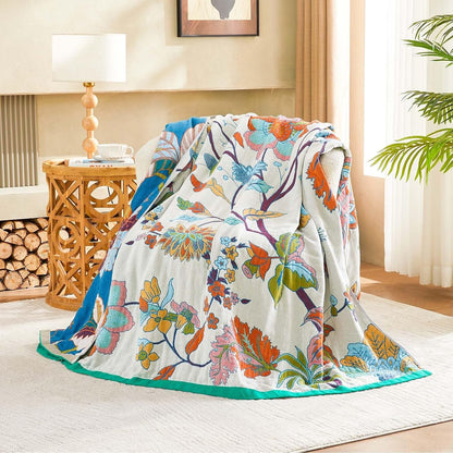 Summer Throw Blanket, 90"x98" Reversible Bohemian Flower Blanket, 100% Cotton Muslin Breathable