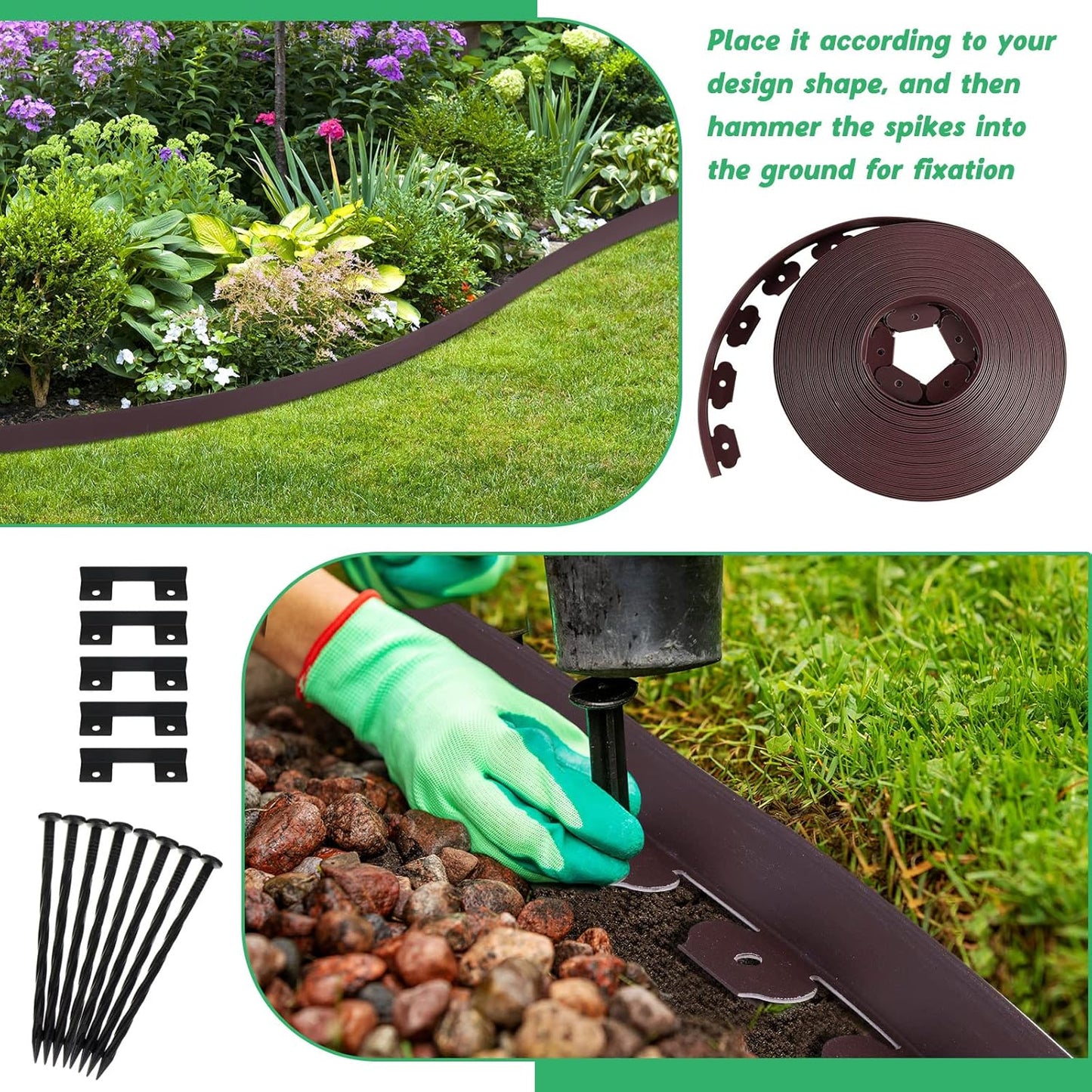 Queekay Landscape Edging Kit 148 ft with 70 Spikes 20 Connectors Plastic Border for Garden, Lawn