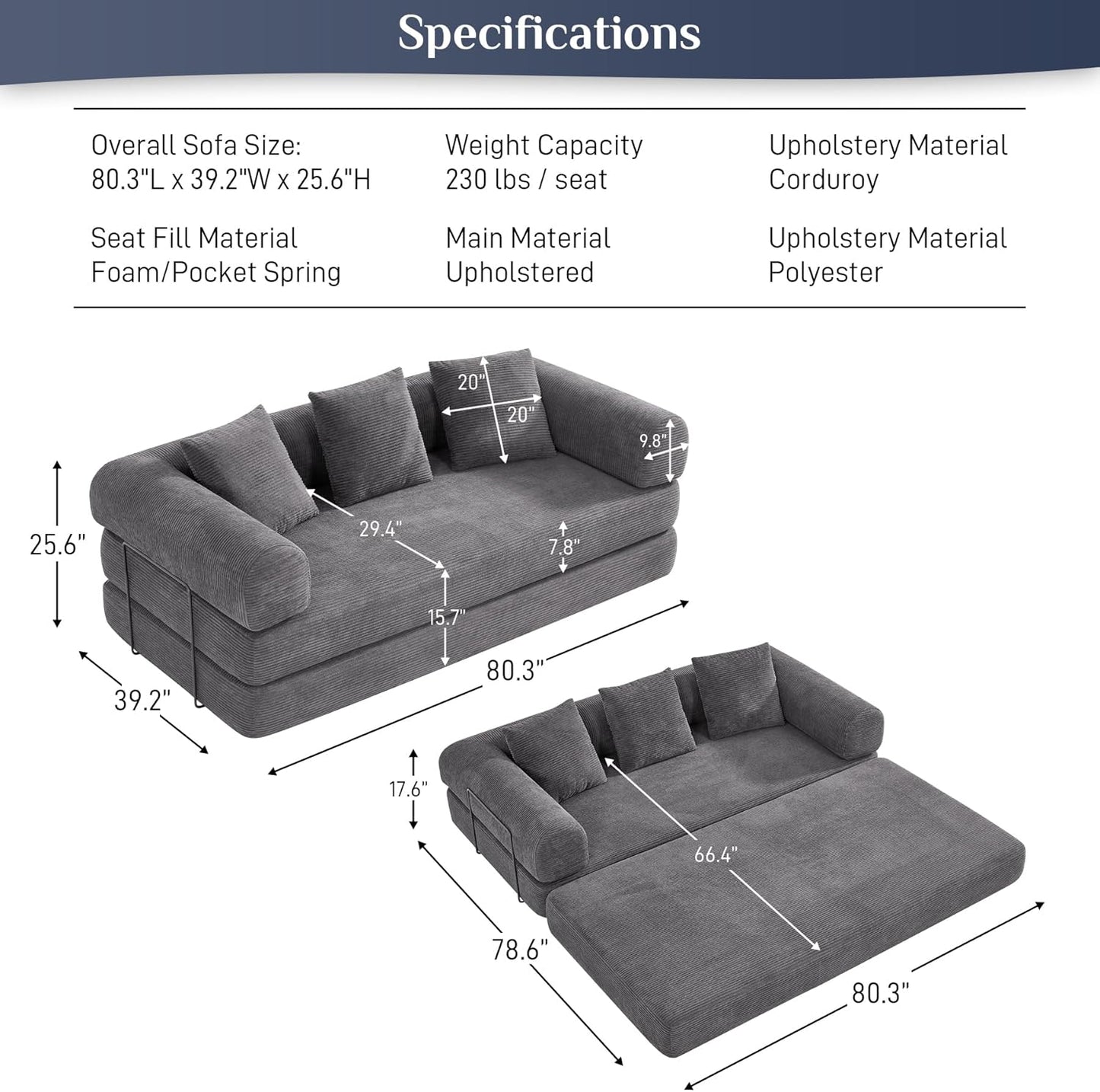 Convertible Sleeper Sofa Bed with Pillow, 4-in-1 Corduroy Folding Mattress Couch with Fixed-Shape