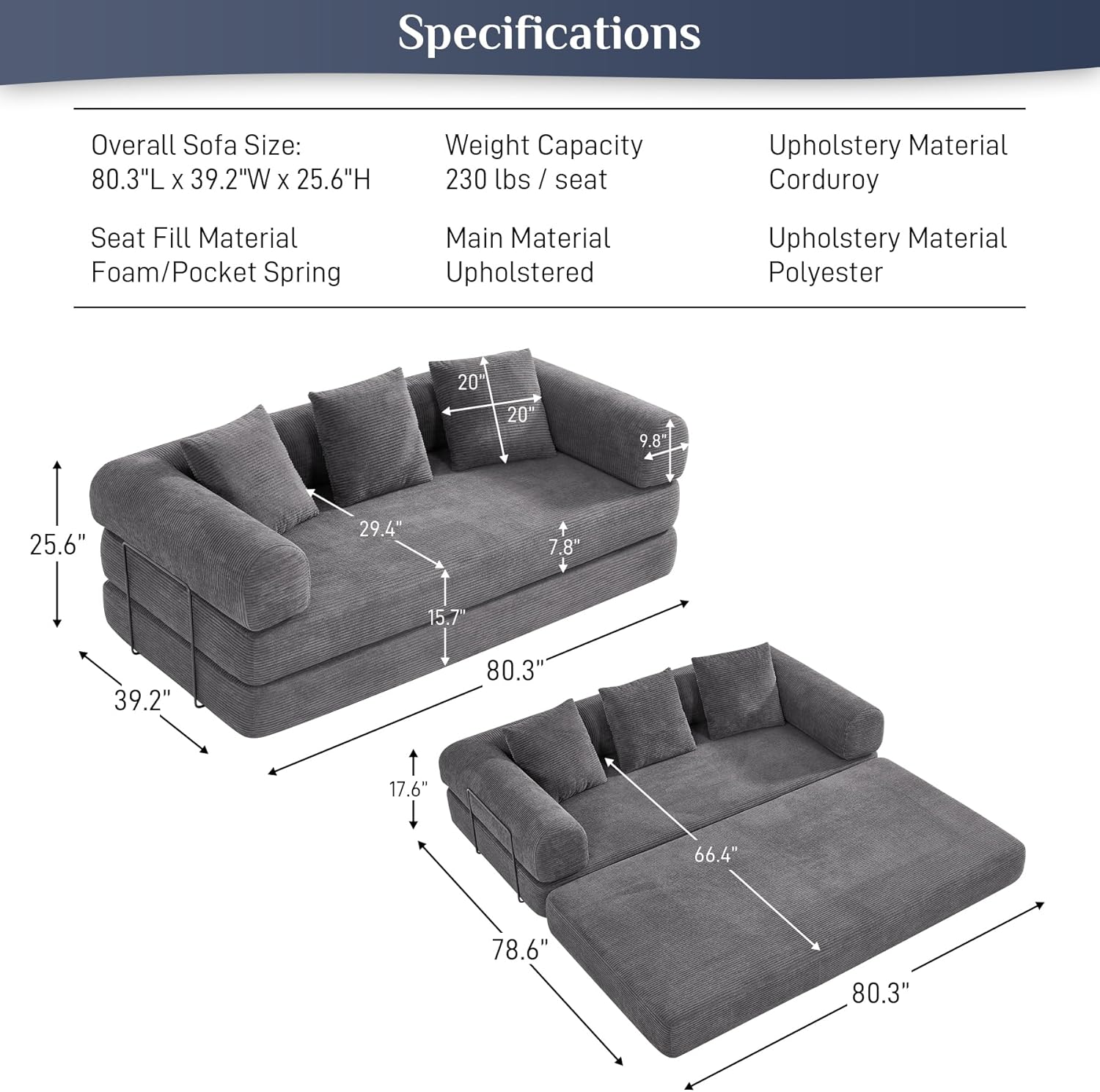 Convertible Sleeper Sofa Bed with Pillow, 4-in-1 Corduroy Folding Mattress Couch with Fixed-Shape