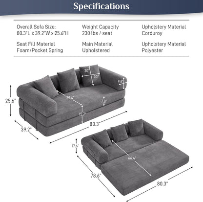 Convertible Sleeper Sofa Bed with Pillow, 4-in-1 Corduroy Folding Mattress Couch with Fixed-Shape