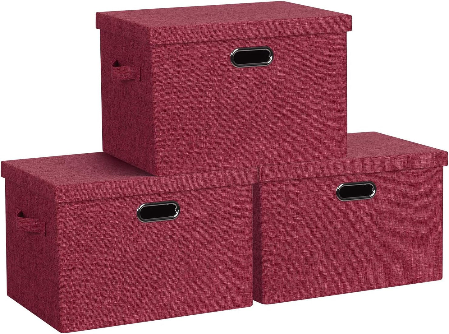 Large 17" 36 Quart Collapsible Stackable Storage Bins with Lids, 3 Packs Bright Red Linen Fabric