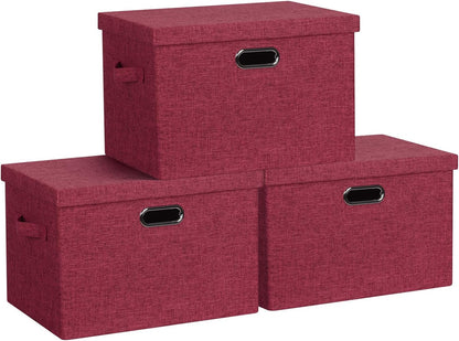 Large 17" 36 Quart Collapsible Stackable Storage Bins with Lids, 3 Packs Bright Red Linen Fabric