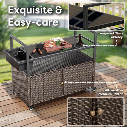 Outdoor Bar Cart with Storage Cabinet, Outdoor Grill Cart with Wheels, Rattan Bar Cart with