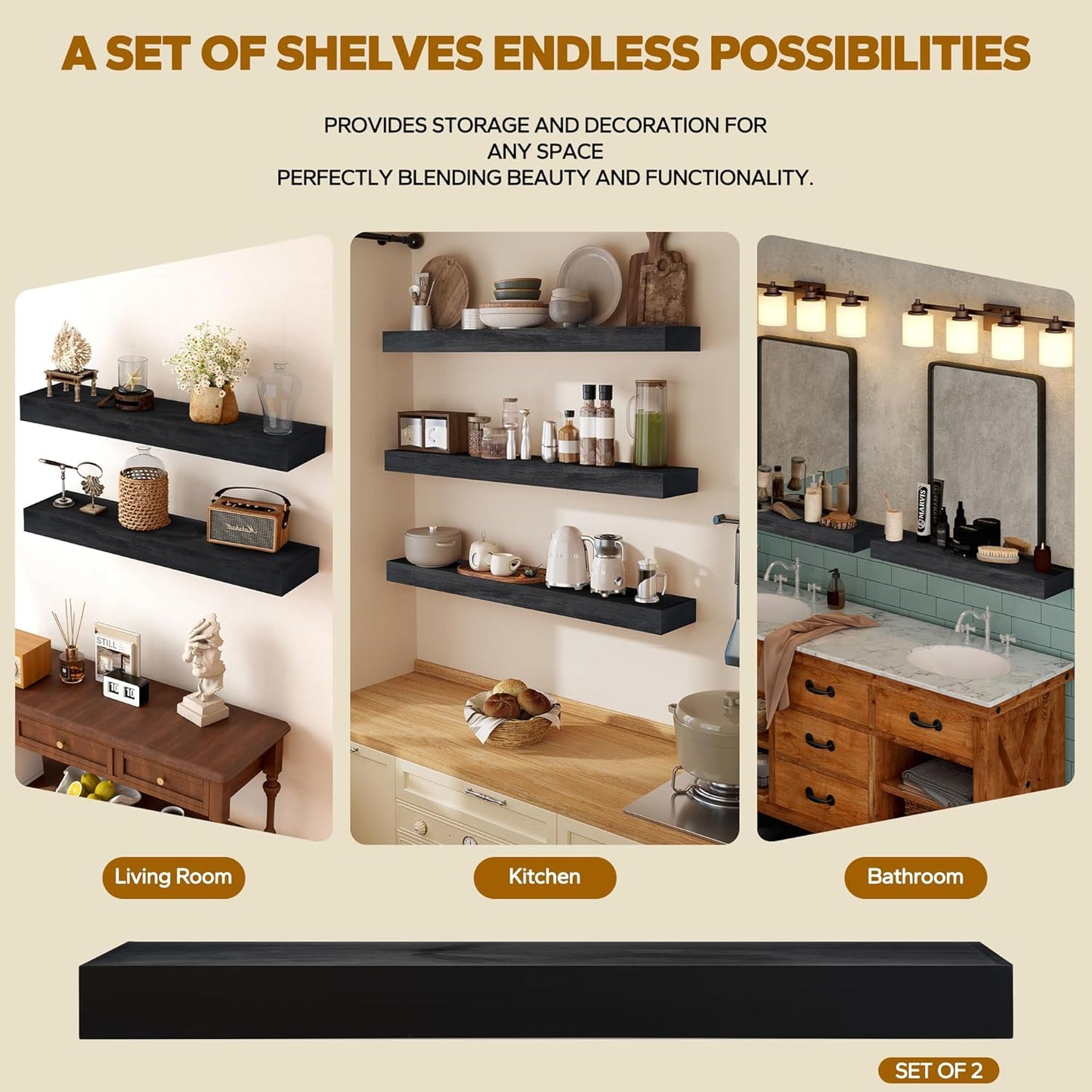 Floating Shelves 3 inch Thick for Wall Set of 2,Solid Pine Wood Wall Mount Shelf for Kitchen Living