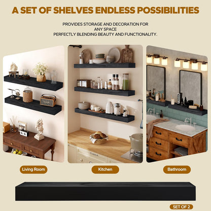 Floating Shelves 3 inch Thick for Wall Set of 2,Solid Pine Wood Wall Mount Shelf for Kitchen Living