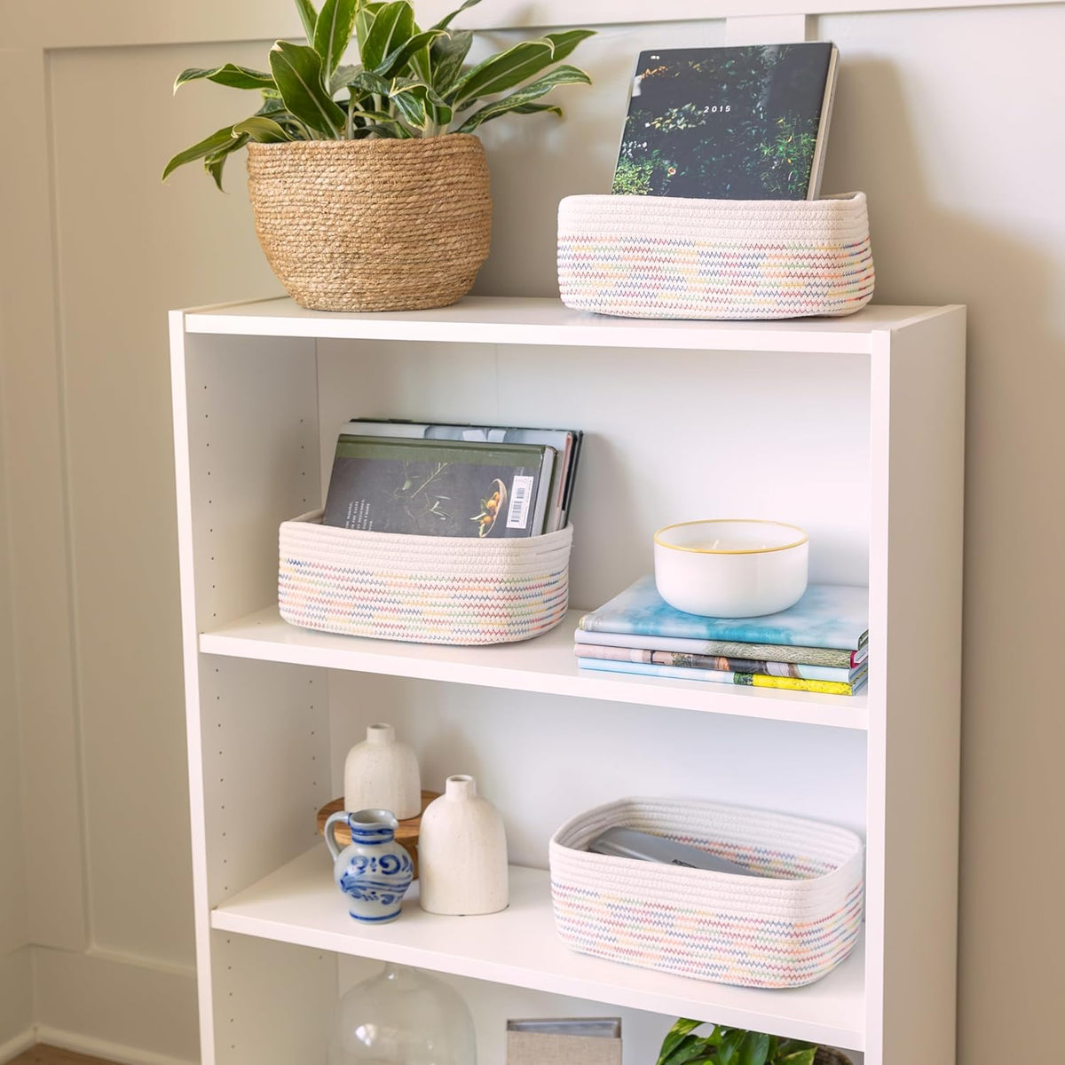NaturalCozy 11.8"x8"x4.5” Rectangle Storage Baskets for Shelves 3 Pack | Cotton Rope Woven Small