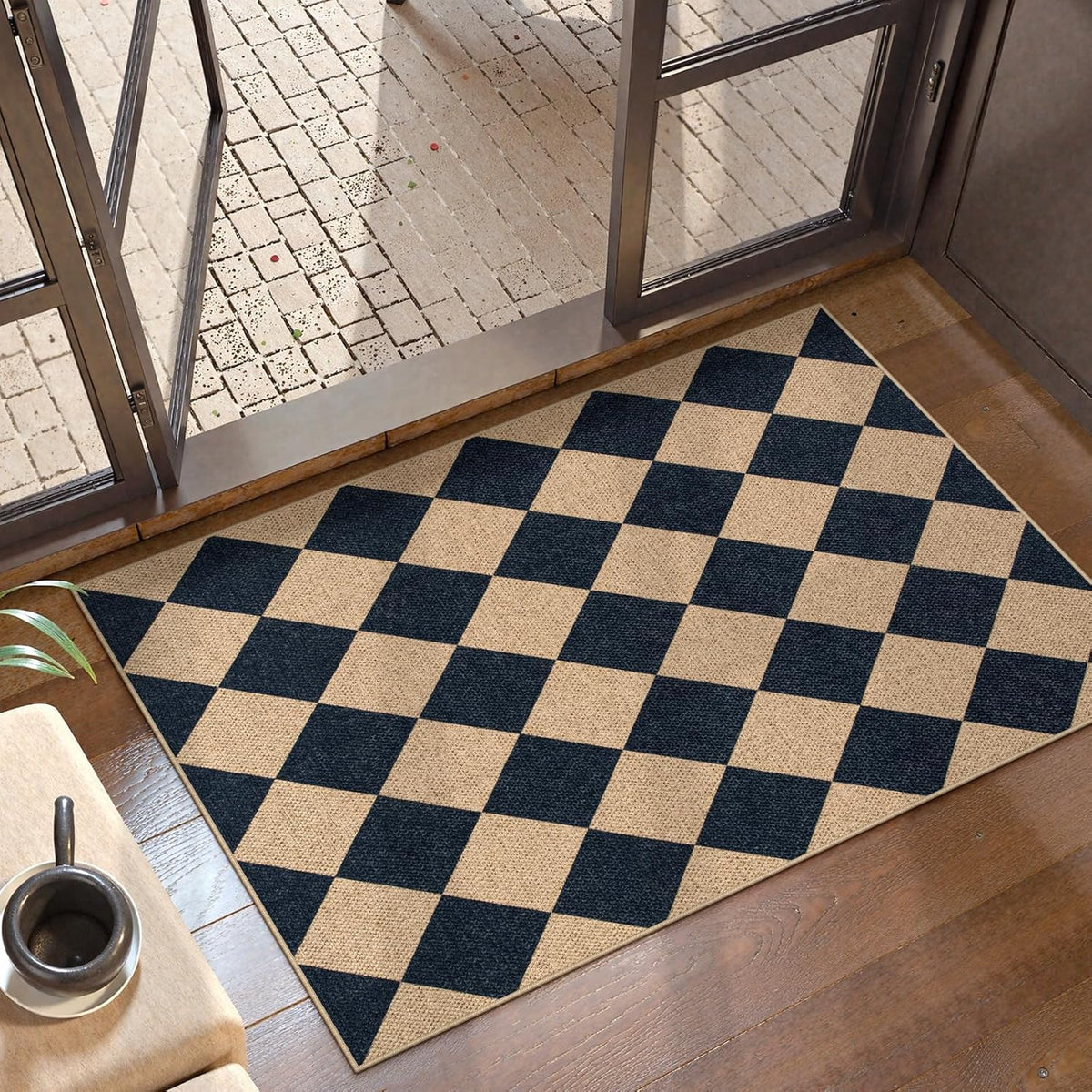 Lahome Checkered Easy Jute Kitchen Rug, 2x3 Front Door Mat Non Slip Washable Neutral Area Rug