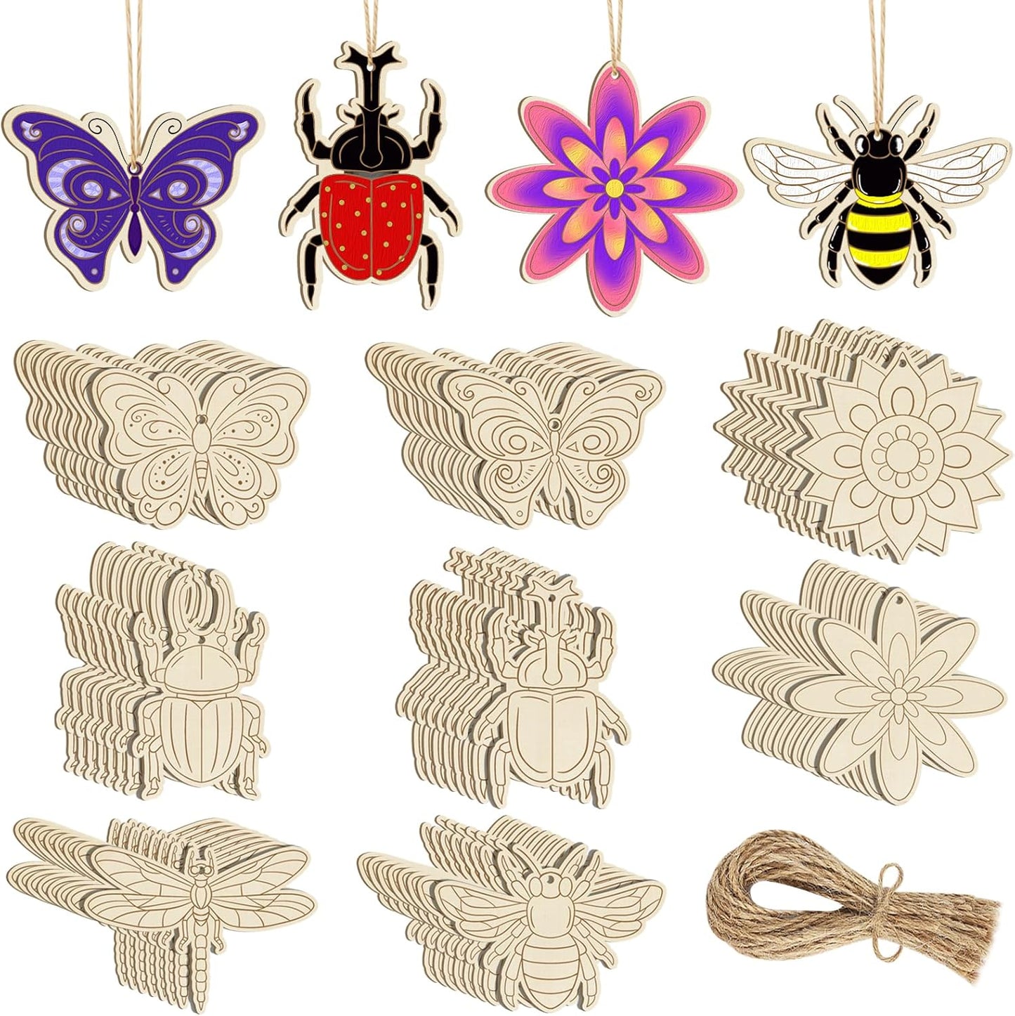 80PCS Wooden Spring Ornaments to Paint, 8 Styles DIY Blank Unfinished Wood Insect Cutouts Ornament