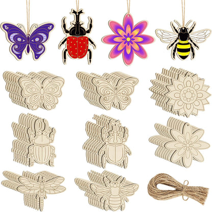 80PCS Wooden Spring Ornaments to Paint, 8 Styles DIY Blank Unfinished Wood Insect Cutouts Ornament