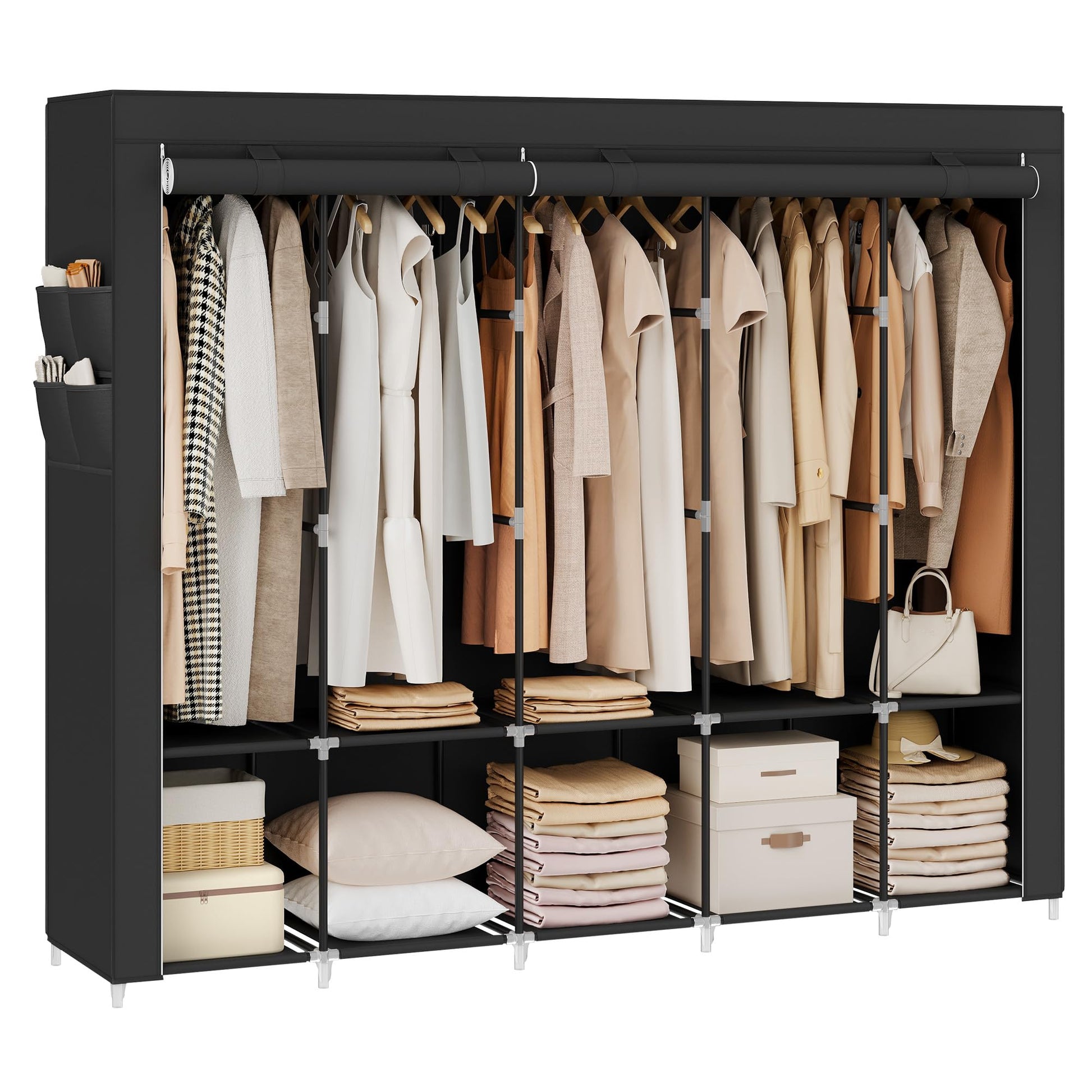 SONGMICS Portable Closet, Wardrobe Closet Organizer with Cover, 5 Hanging Rods and Shelves, 4 Side