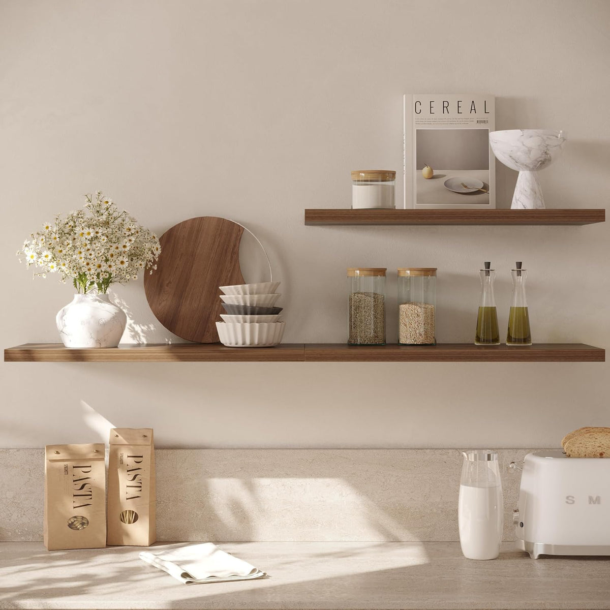 Wall Shelf Set of 2, Walnut Floating Shelves 24 in W x 10 in D x 1 in H, Wooden Floating Wall Shelf